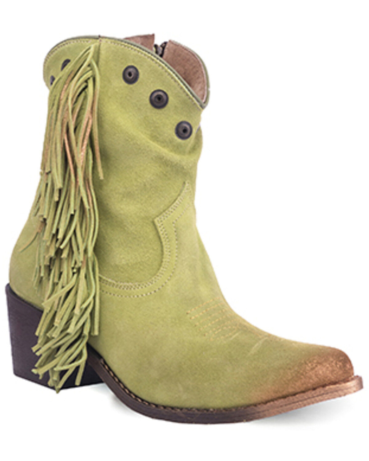Image #1 - Circle G Women's Studded Suede Fringe Ankle Boots - Round Toe, Green, hi-res