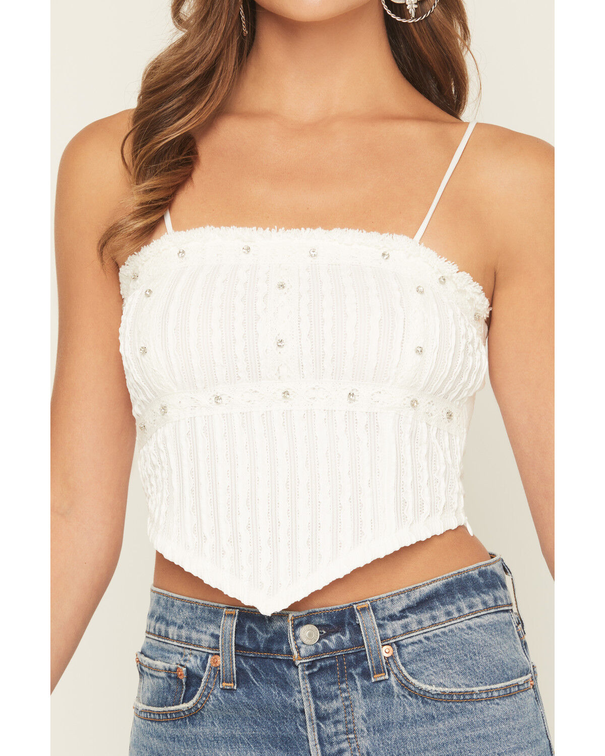 Image #3 - Miss Me Women's Studded Cropped Tank Top, White, hi-res