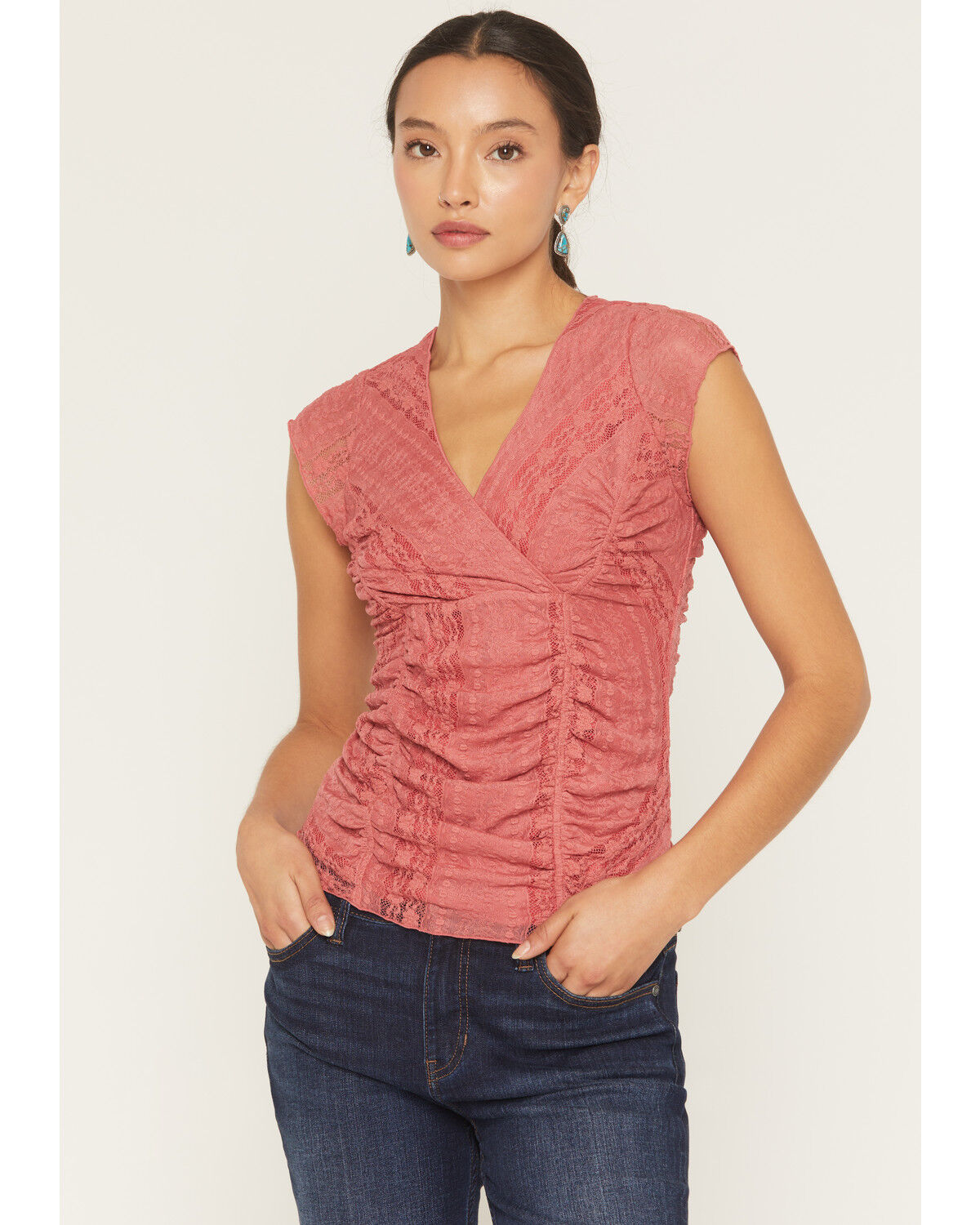 Image #1 - Shyanne Women's Lizlane Lace Short Sleeve Shirt, Dark Pink, hi-res