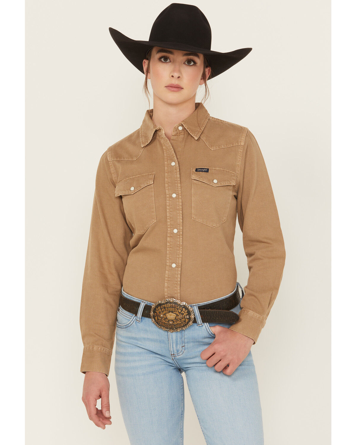 Wrangler Retro Women's Vintage Denim Long Sleeve Snap Western Shirt, Tan, hi-res