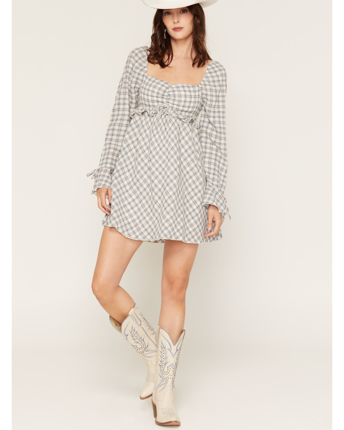 Cleo + Wolf Women's Plaid Print Ruffle Long Sleeve Mini Dress, Blue, hi-res