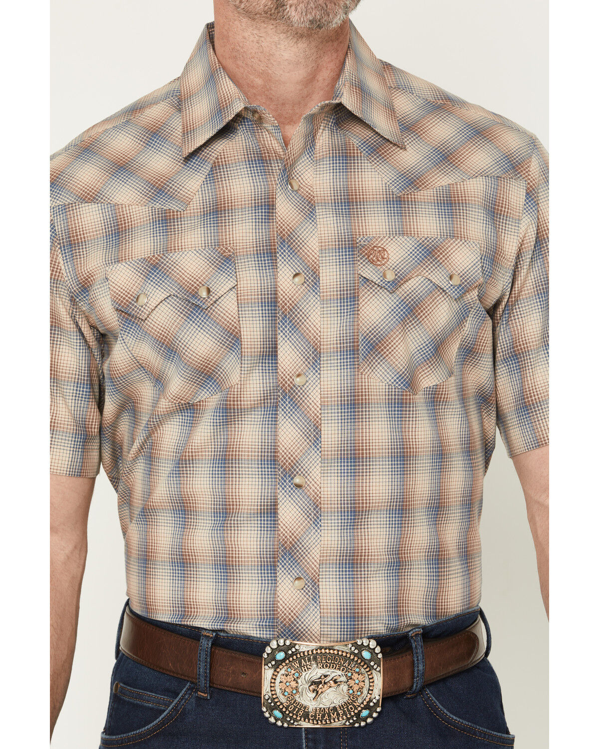 Image #3 - Wrangler Retro Men's Plaid Print Short Sleeve Snap Western Shirt, Brown, hi-res