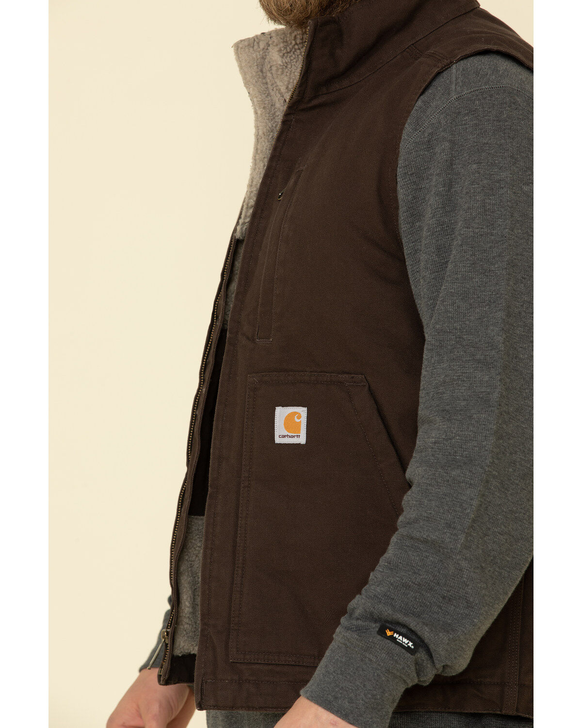 Image #4 - Carhartt Men's Dark Brown Washed Duck Sherpa Lined Mock Neck Work Vest - Tall, Dark Brown, hi-res