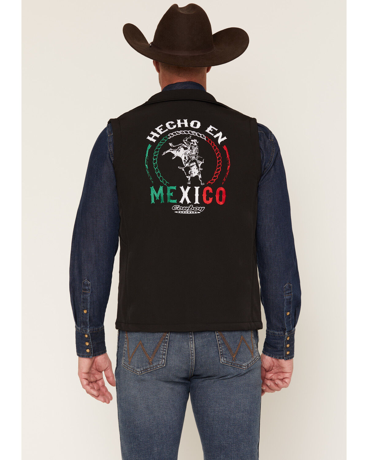 Image #1 - Cowboy Hardware Men's Hecho en Mexico Softshell Vest, Black, hi-res