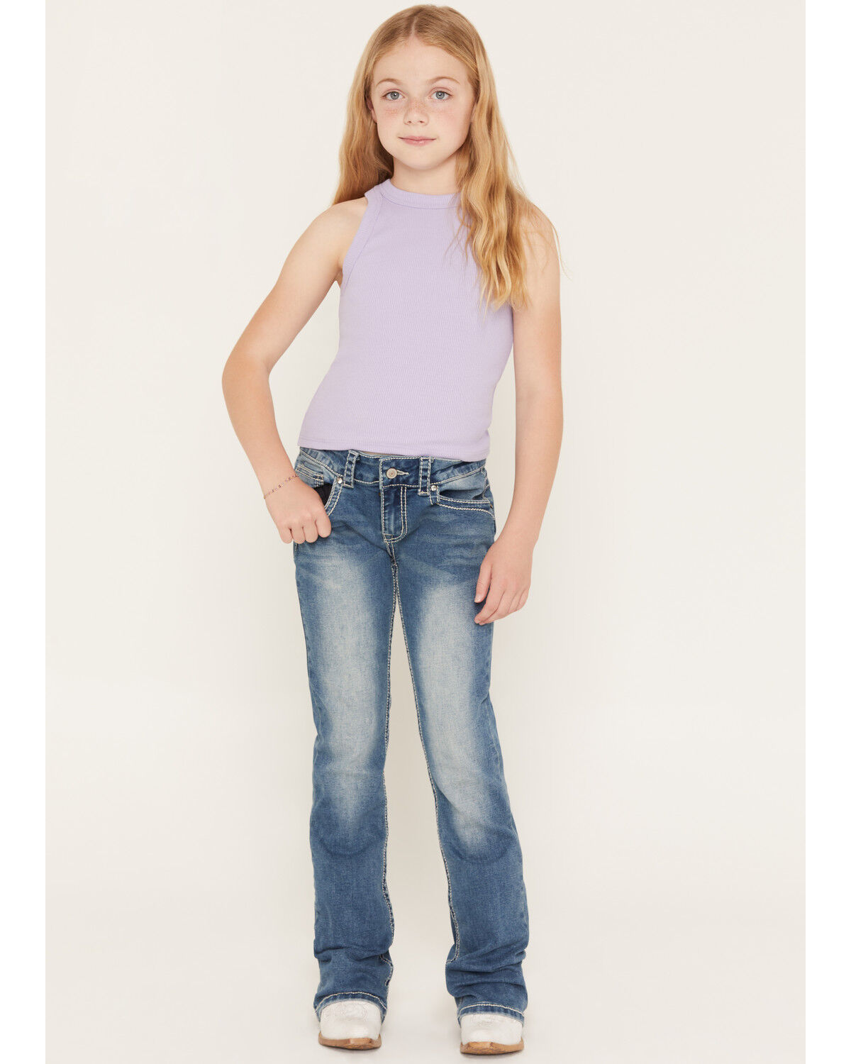 Image #3 - Shyanne Girls' Medium Wash Swirl Floral Embroidered Bootcut Stretch Denim Jeans, Blue, hi-res