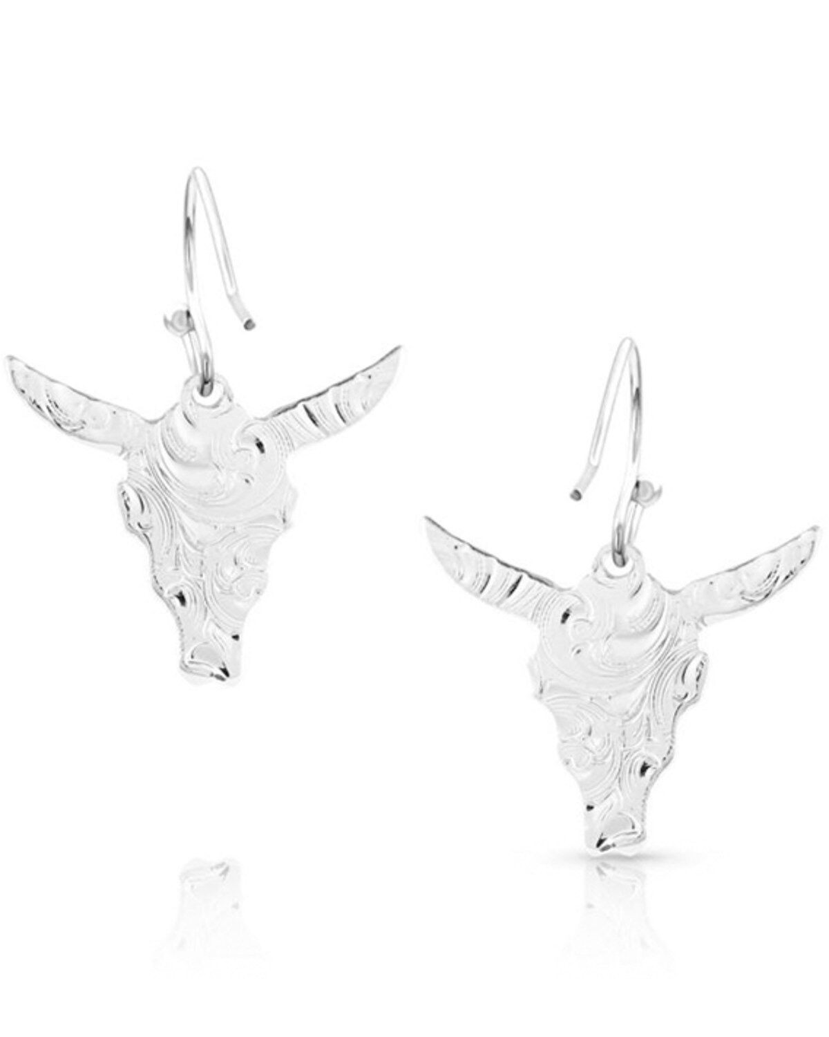 Image #2 - Montana Silversmiths Women's Chiseled Steer Head Earrings, Turquoise, hi-res