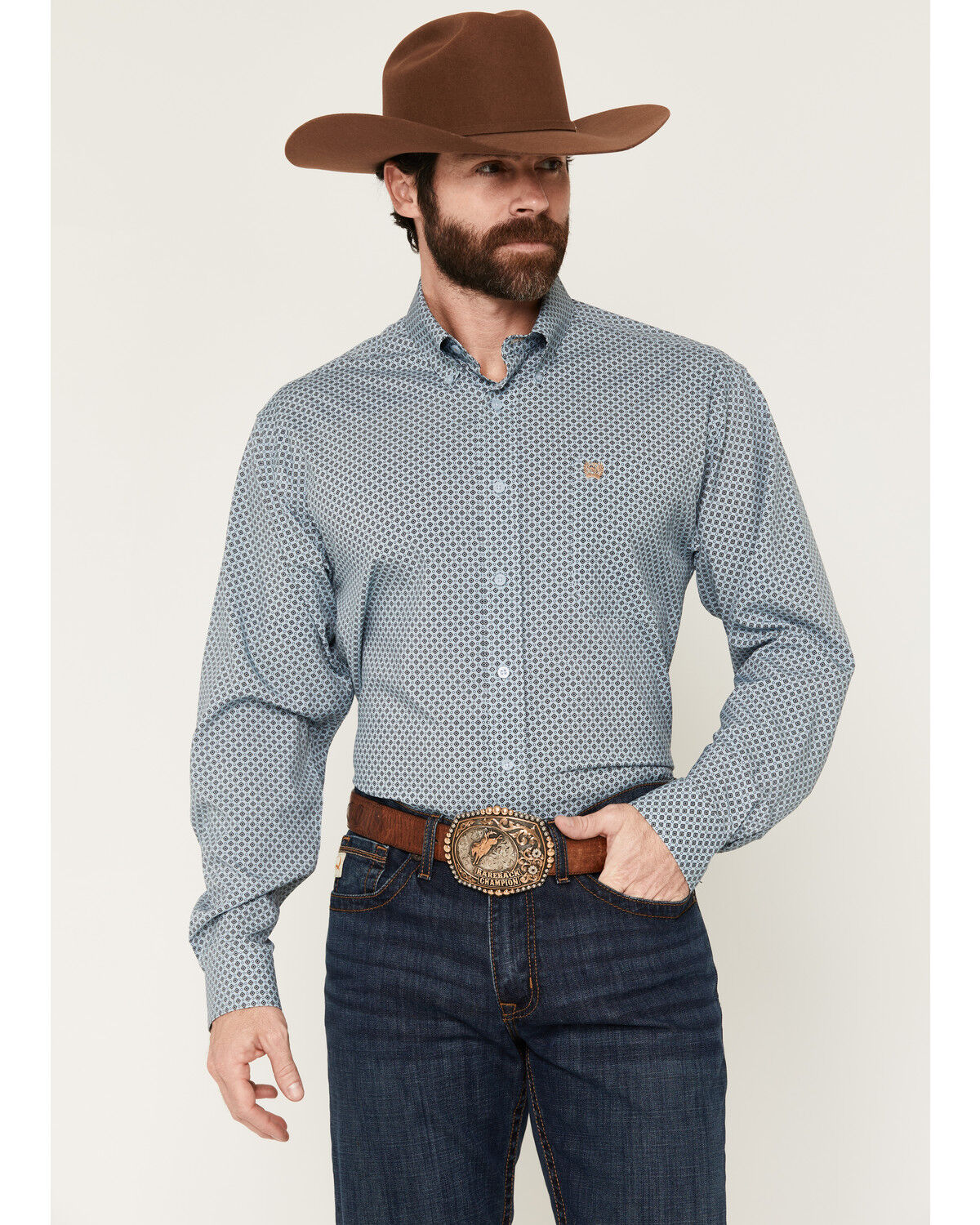 Image #1 - Cinch Men's Geo Print Long Sleeve Button-Down Stretch Western Shirt, Light Blue, hi-res