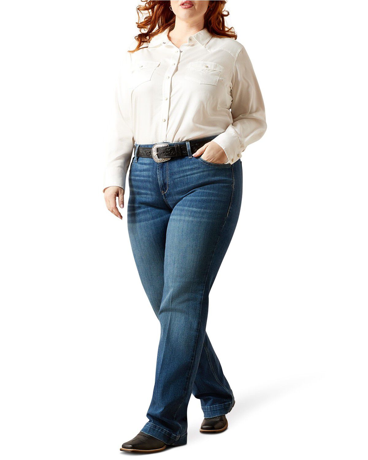 Image #1 - Ariat Women's Medium Wash Mid Rise Leslie Slim Trouser Stretch Denim Jeans - Plus, Medium Wash, hi-res