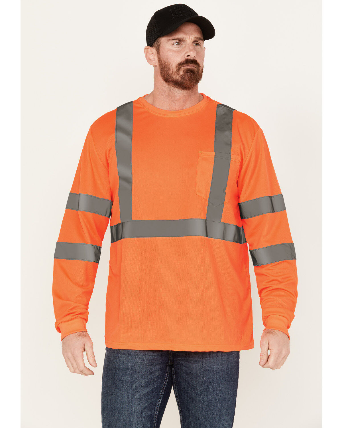 Image #1 - Hawx Men's Solid Enhanced Hi-Vis Long Sleeve Pocket Work T-Shirt, Orange, hi-res