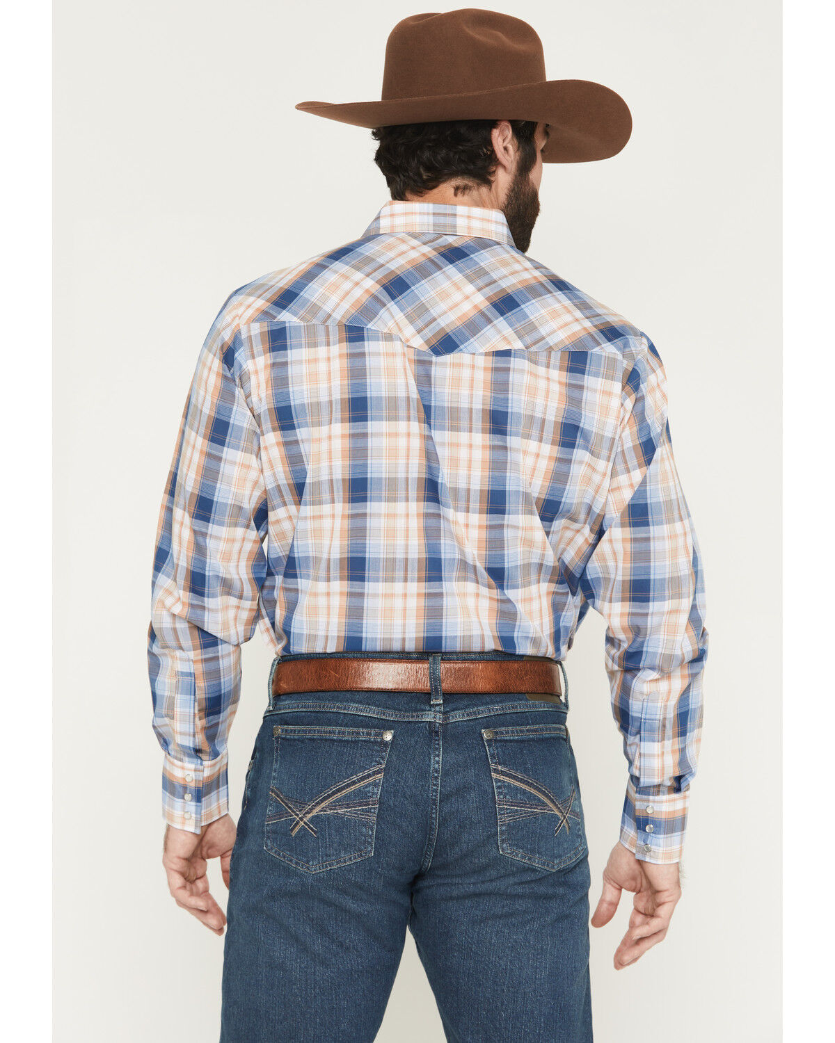 Image #4 - Ely Walker Men's Plaid Print Long Sleeve Pearl Snap Western Shirt, Navy, hi-res