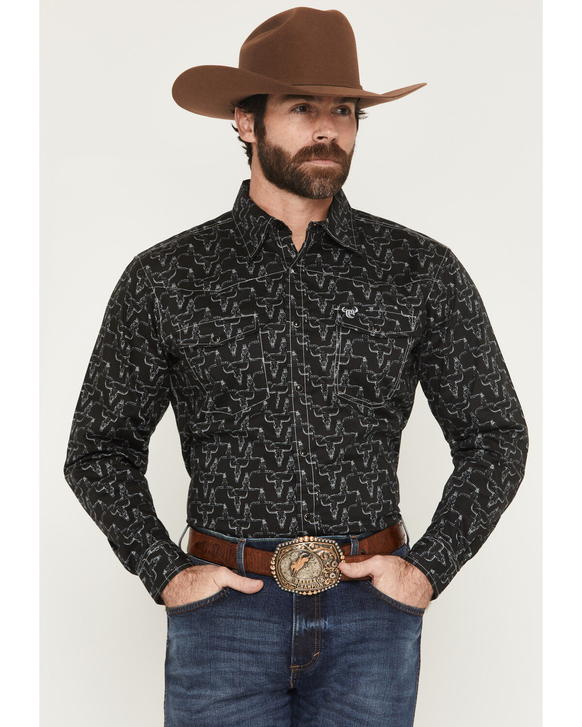 Cowboy Hardware Men's Hombre Skull Long Sleeve Snap Stretch Western Shirt, Black, hi-res