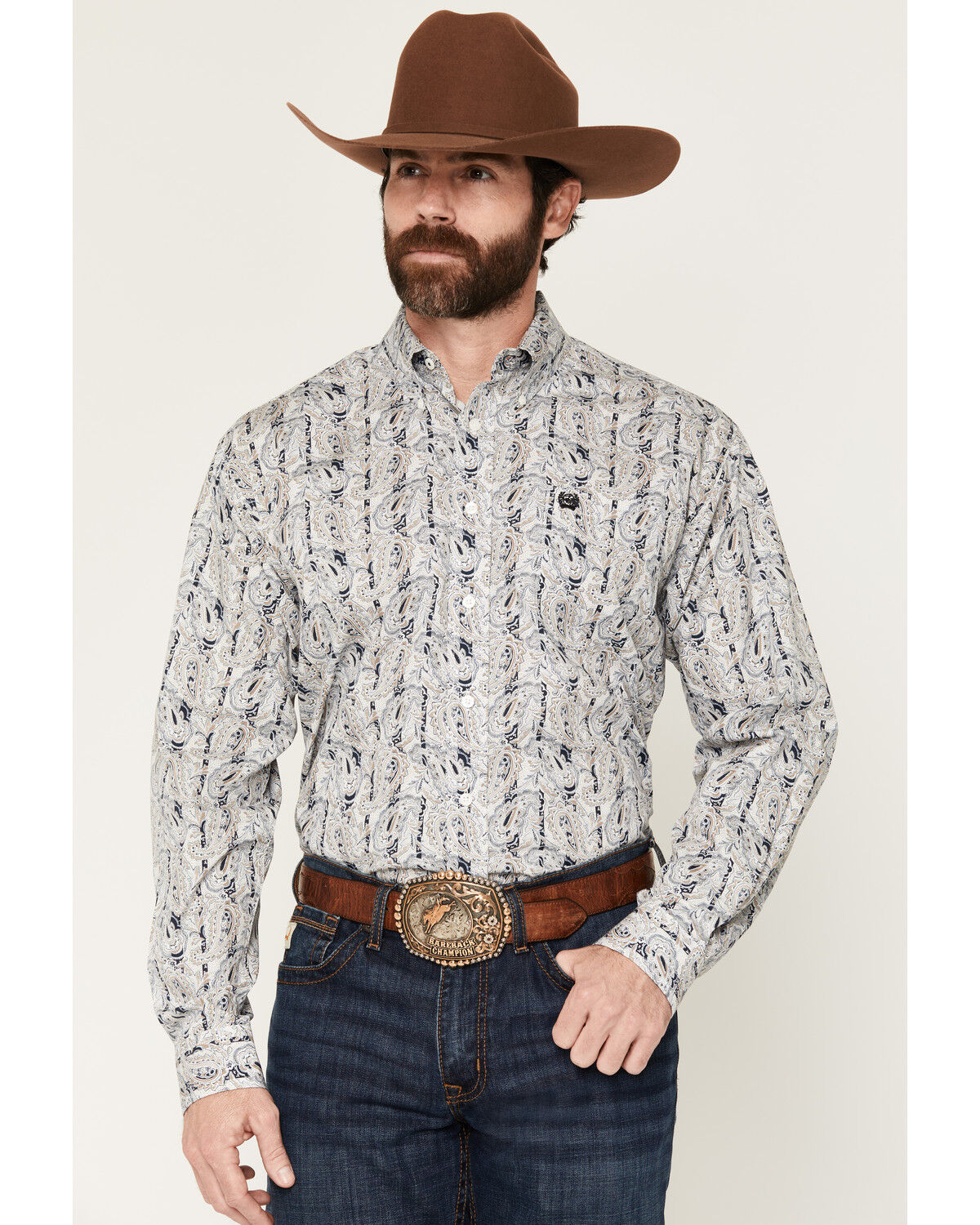 Image #1 - Cinch Men's Paisley Print Long Sleeve Button-Down Western Shirt, Cream, hi-res