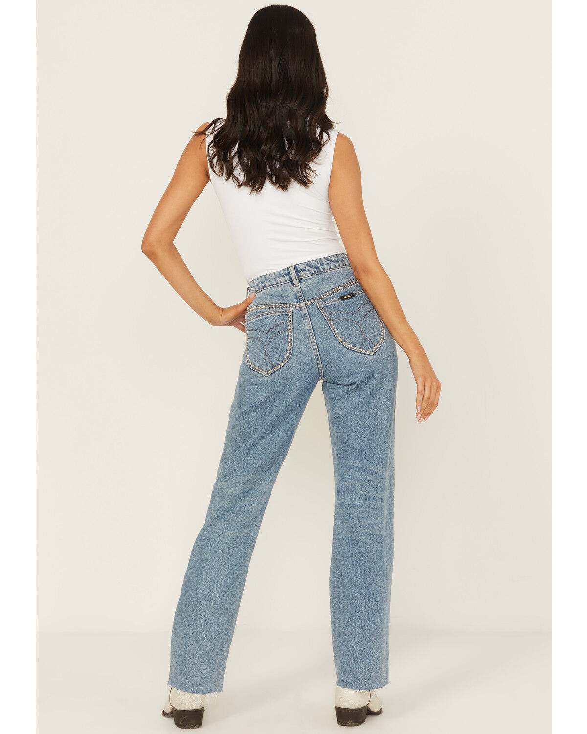 Image #3 - Rolla's X AC/DC Women's Medium Wash Mid Rise Studded 90s Relaxed Straight Denim Jeans, Medium Wash, hi-res