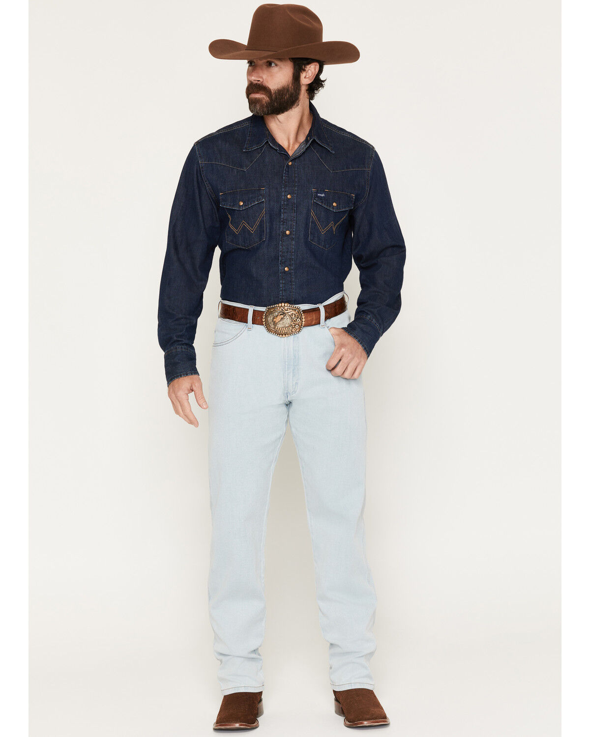Image #1 - Wrangler Men's 13MWZ Toughlite Light Wash Cowboy Cut Straight Stretch Denim Jeans, Light Wash, hi-res