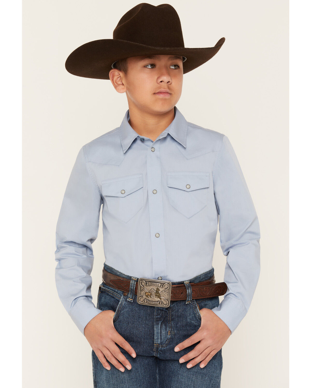 Gibson Trading Co Boys' Solid Long Sleeve Snap Western Shirt, Medium Blue, hi-res