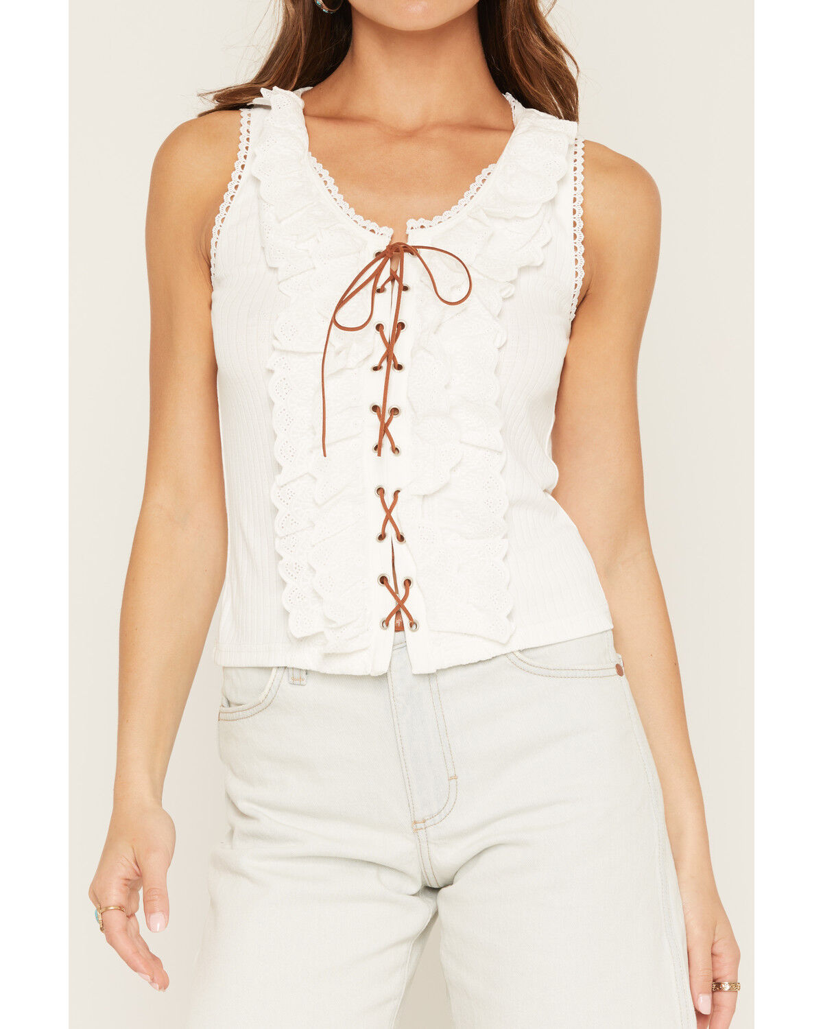 Image #3 - Miss Me Women's Lace-Up Ruffle Sleeveless Tank Top, White, hi-res