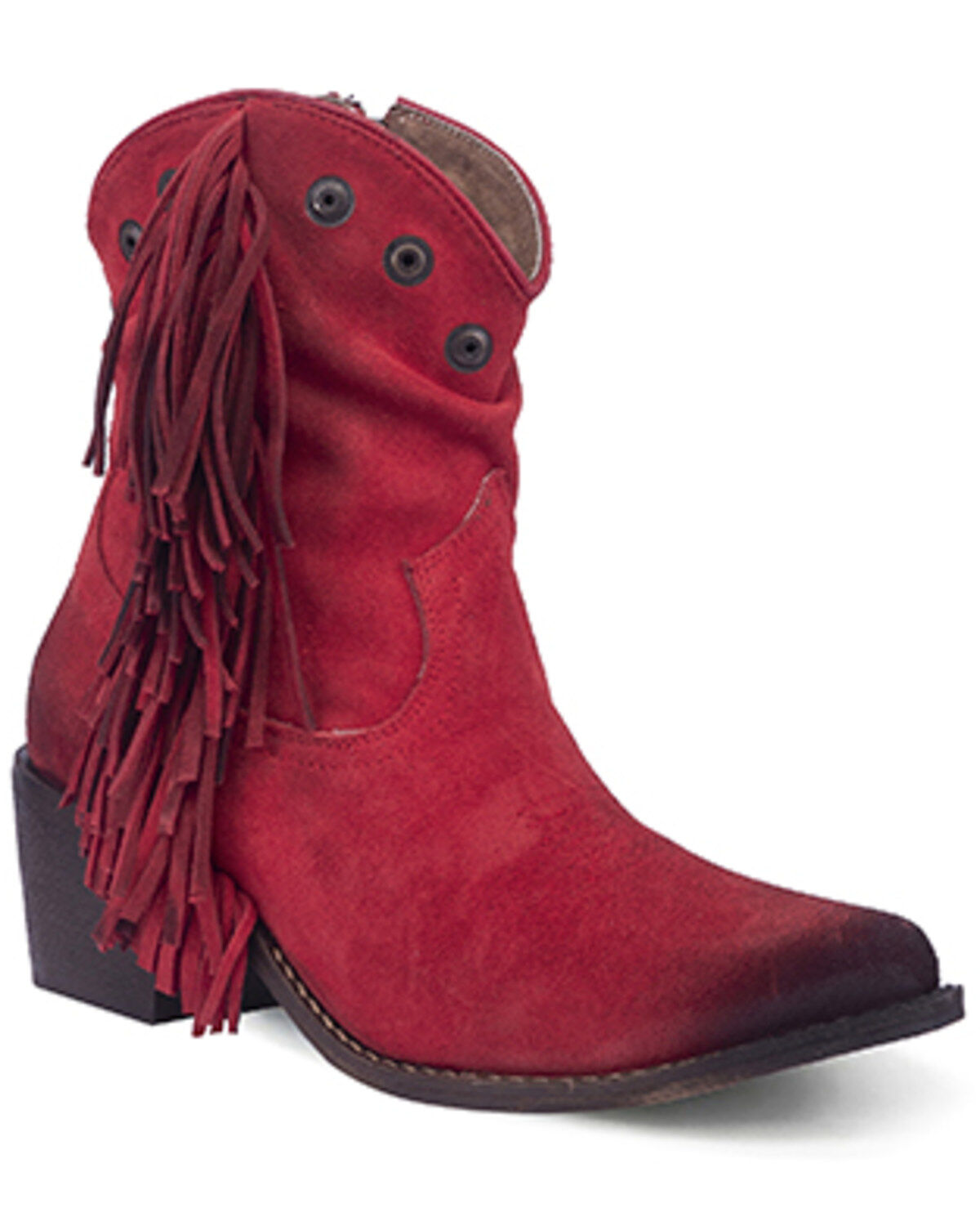 Image #1 - Circle G Women's Studded Suede Fringe Ankle Boots - Round Toe, Red, hi-res