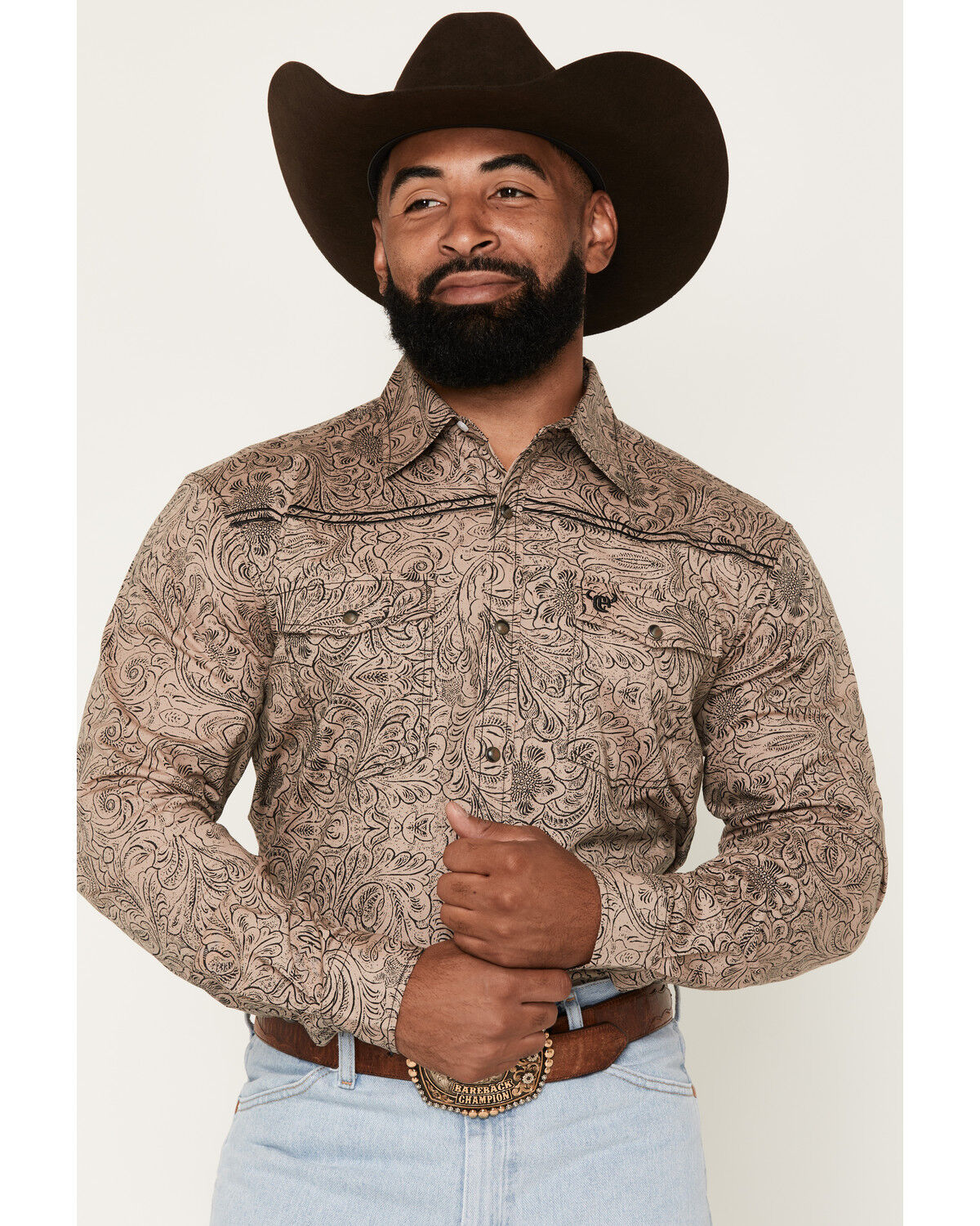 Cowboy Hardware Men's Tooled Floral Print Long Sleeve Snap Stretch Western Shirt, Tan, hi-res