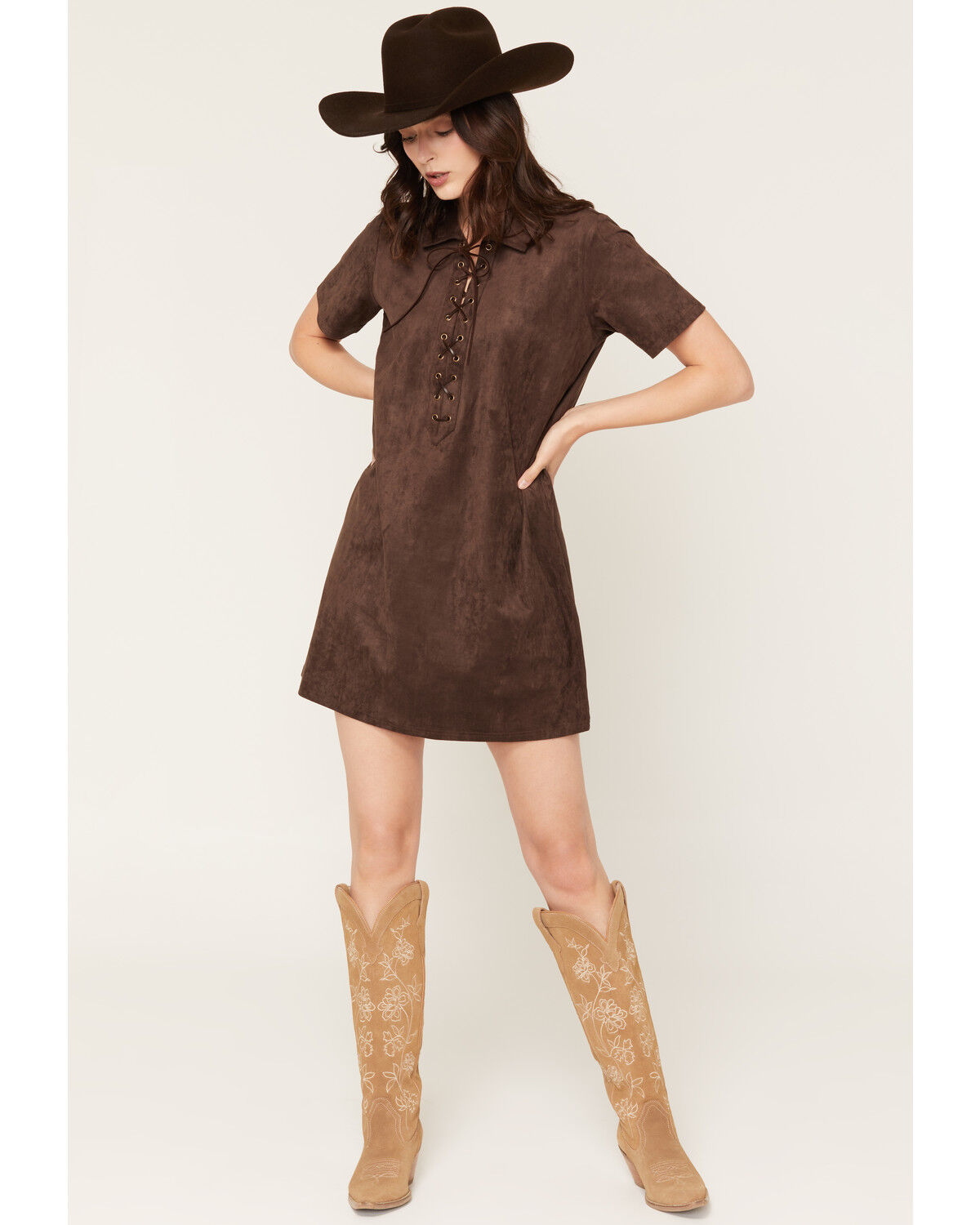 Shyanne Women's Carina Faux Suede Lace-Up Mini Dress, Dark Brown, hi-res