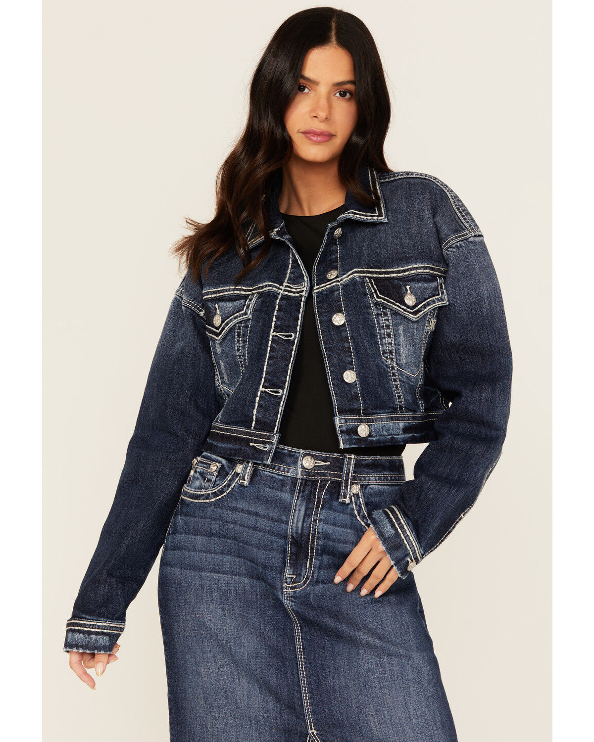 Image #2 - Miss Me Women's Dark Wash Cropped Denim Jacket, Dark Wash, hi-res