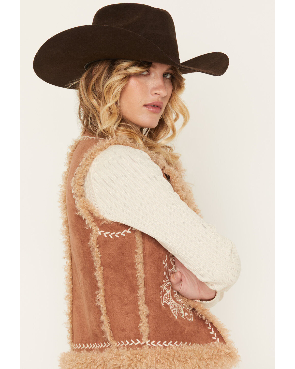 Image #2 - Shyanne Women's Cedar Embroidered Faux Suede and Shearling Bonded Vest, Bark, hi-res