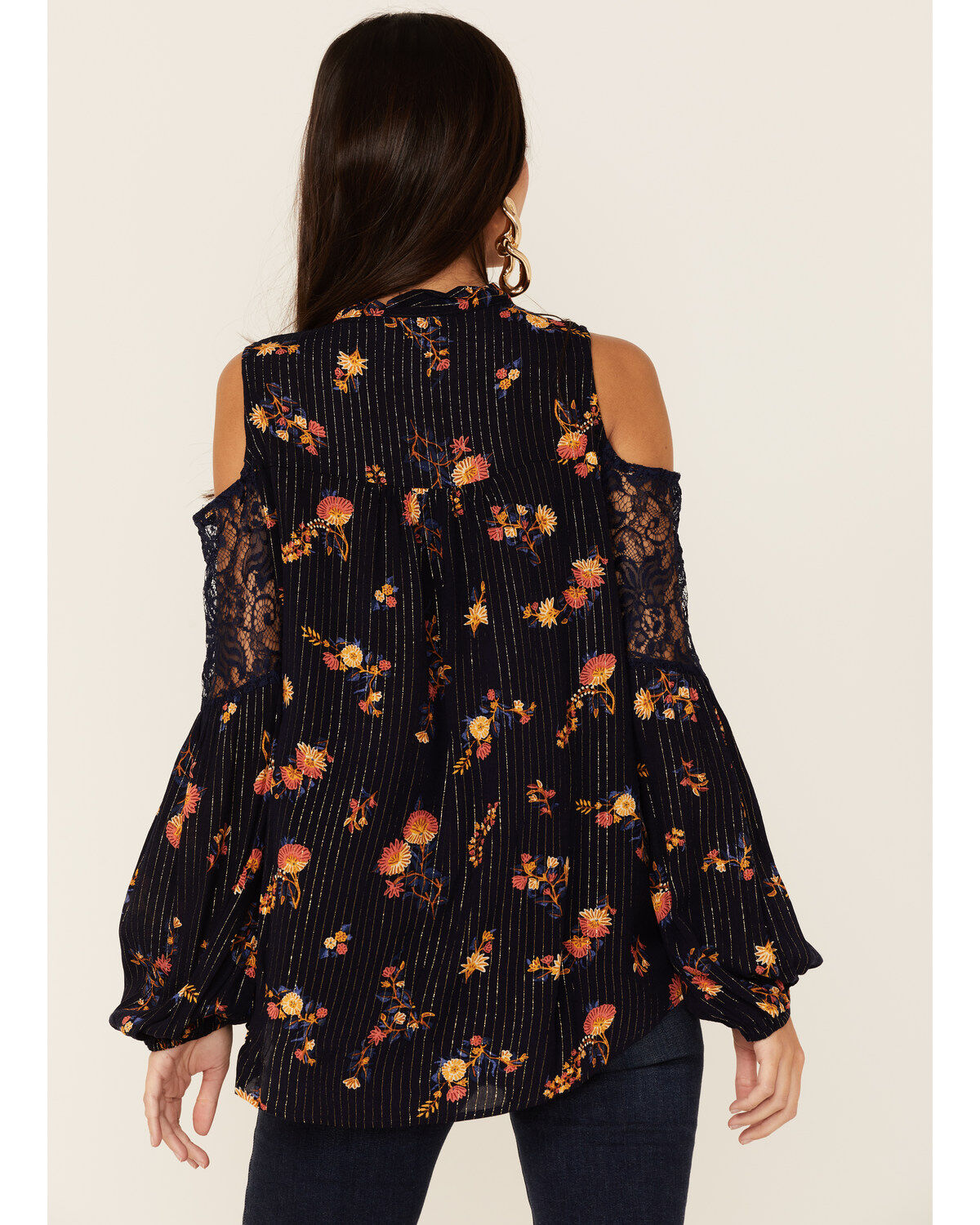 Image #4 - Miss Me Women's Cold Shoulder Long Sleeve Floral Top, Navy, hi-res