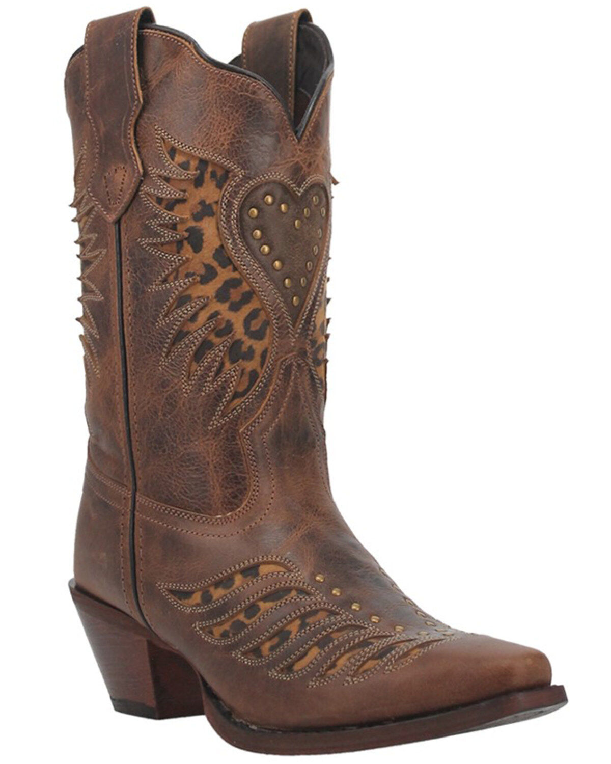 Laredo Women's Stella Leopard Print Inlay Studded Western Boots - Snip Toe, Brown, hi-res