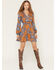 Image #1 - Shyanne Women's Floral Print Long Sleeve Chiffon Mini Dress, Pecan, hi-res
