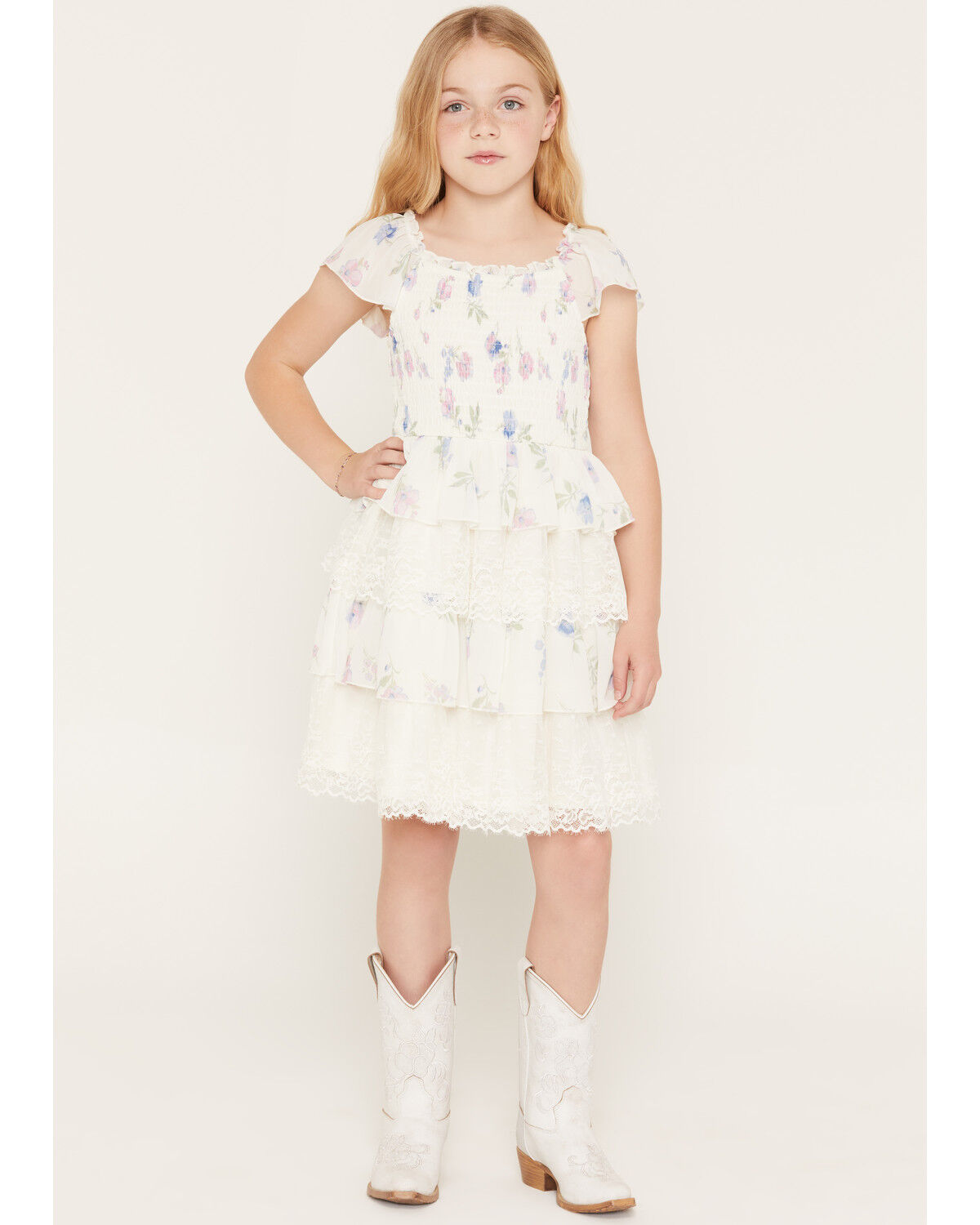 Image #1 - Sugar California Girls' Floral Print Lace Short Sleeve Dress, Ivory, hi-res