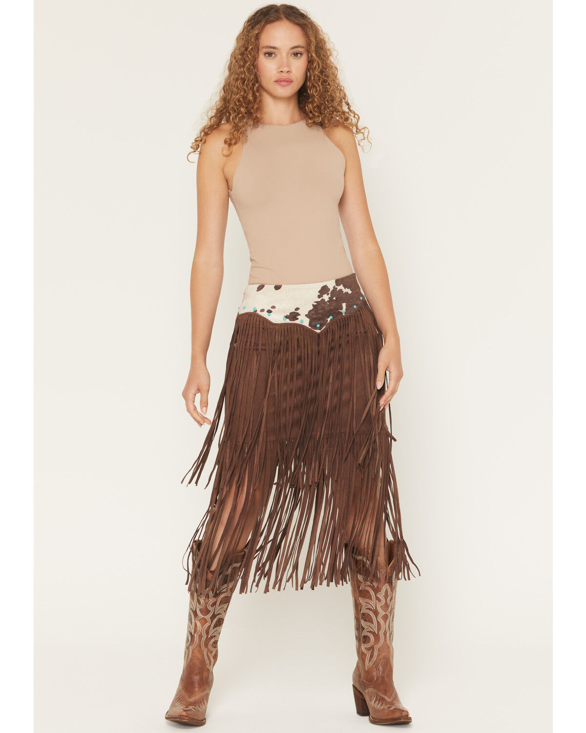 Image #1 - Shyanne Women's Raven Cow Print Faux Suede Fringe Mini Skirt, Brown, hi-res