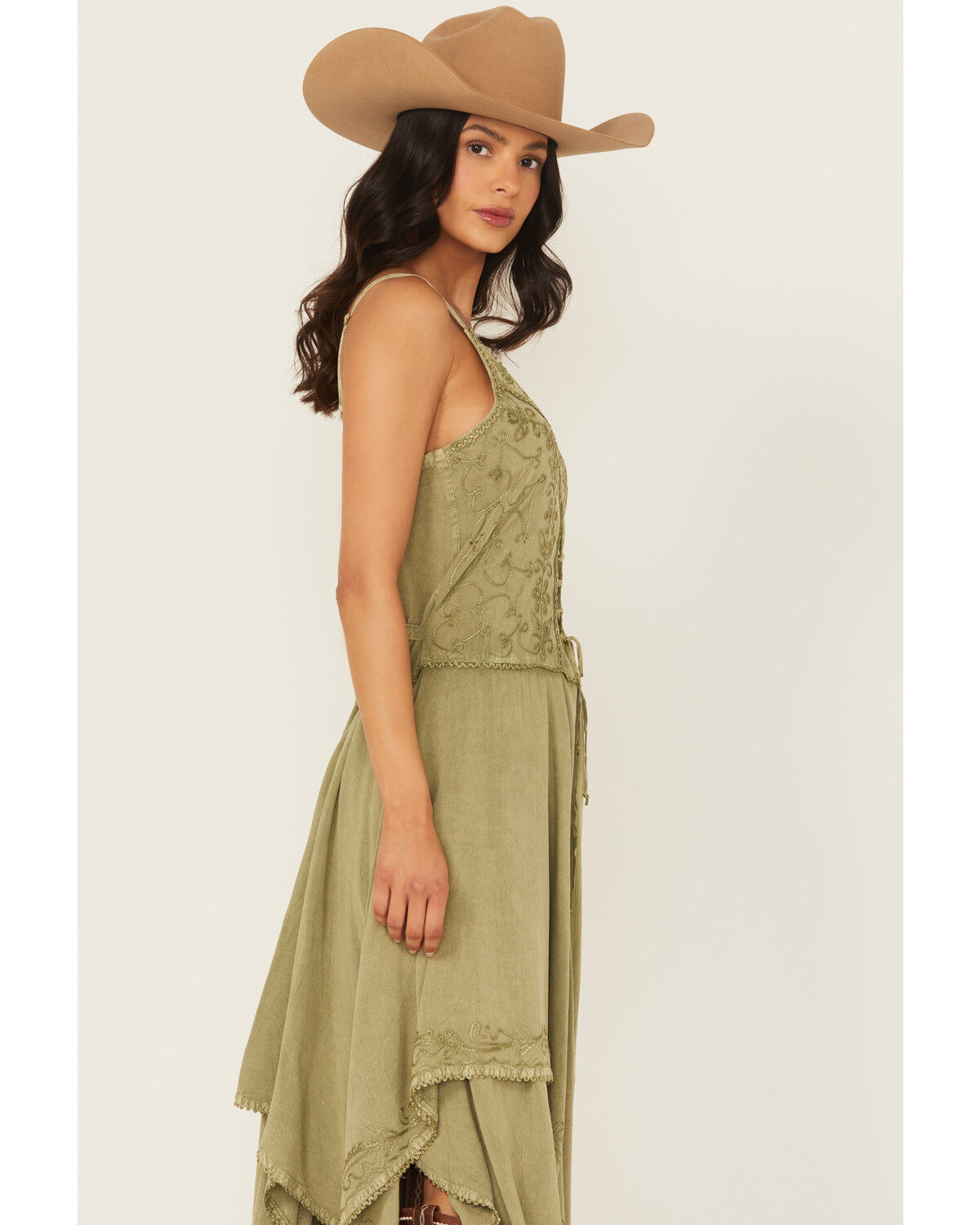 Image #2 - Scully Women's Sleeveless Hanky Hem Jacquard Midi Dress, Olive, hi-res