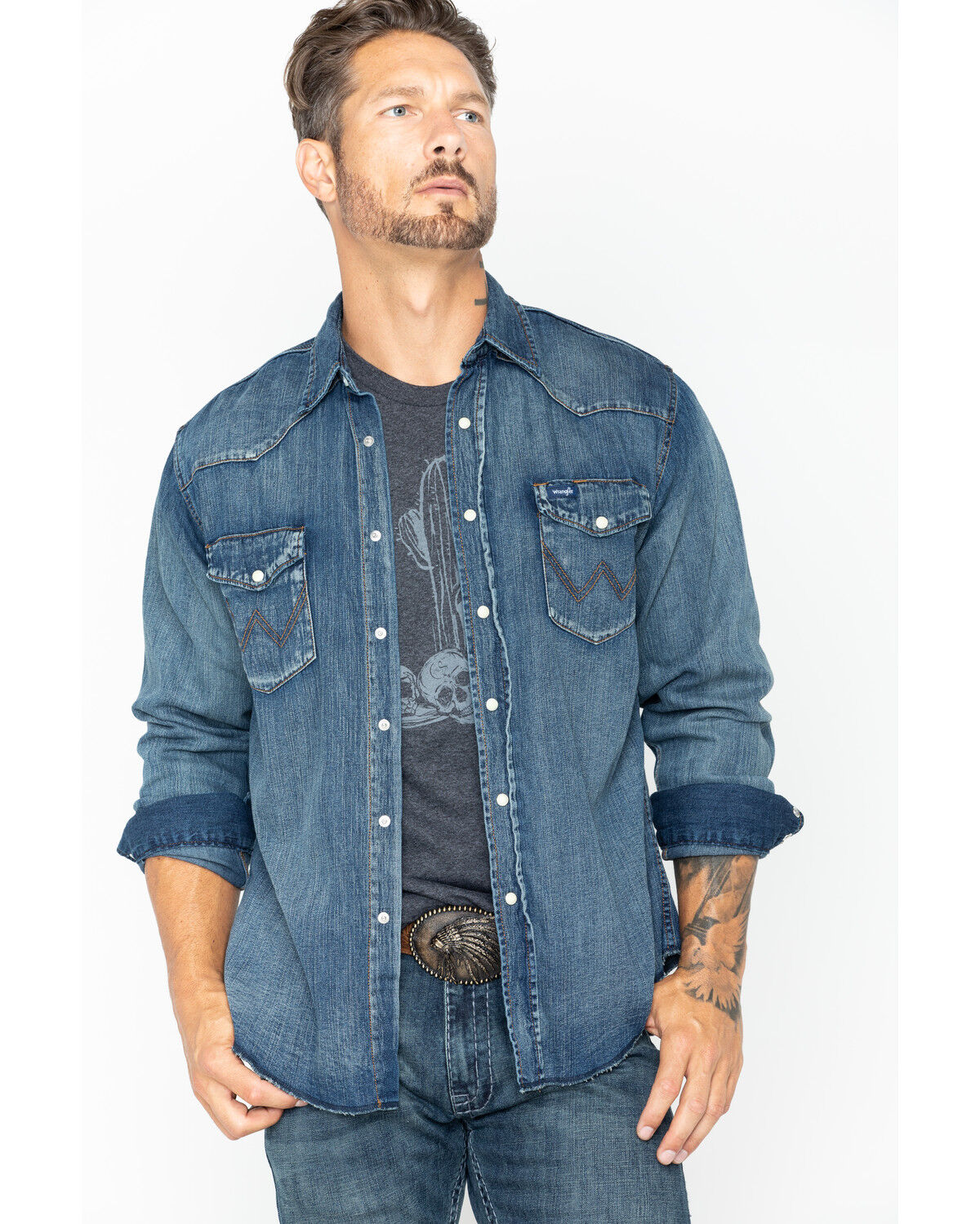 Image #3 - Wrangler Men's Slub Denim Long Sleeve Work Shirt, Antique Blue, hi-res