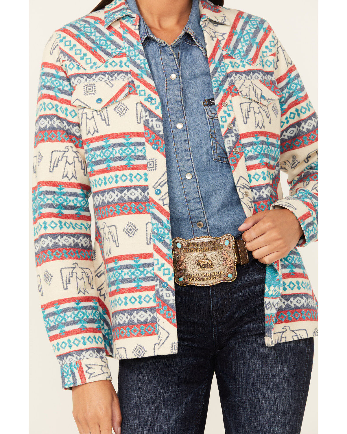 Image #3 - Outback Trading Co Women's Lorelei Southwestern Thunderbird Print Long Sleeve Snap Performance Shirt, Tan, hi-res