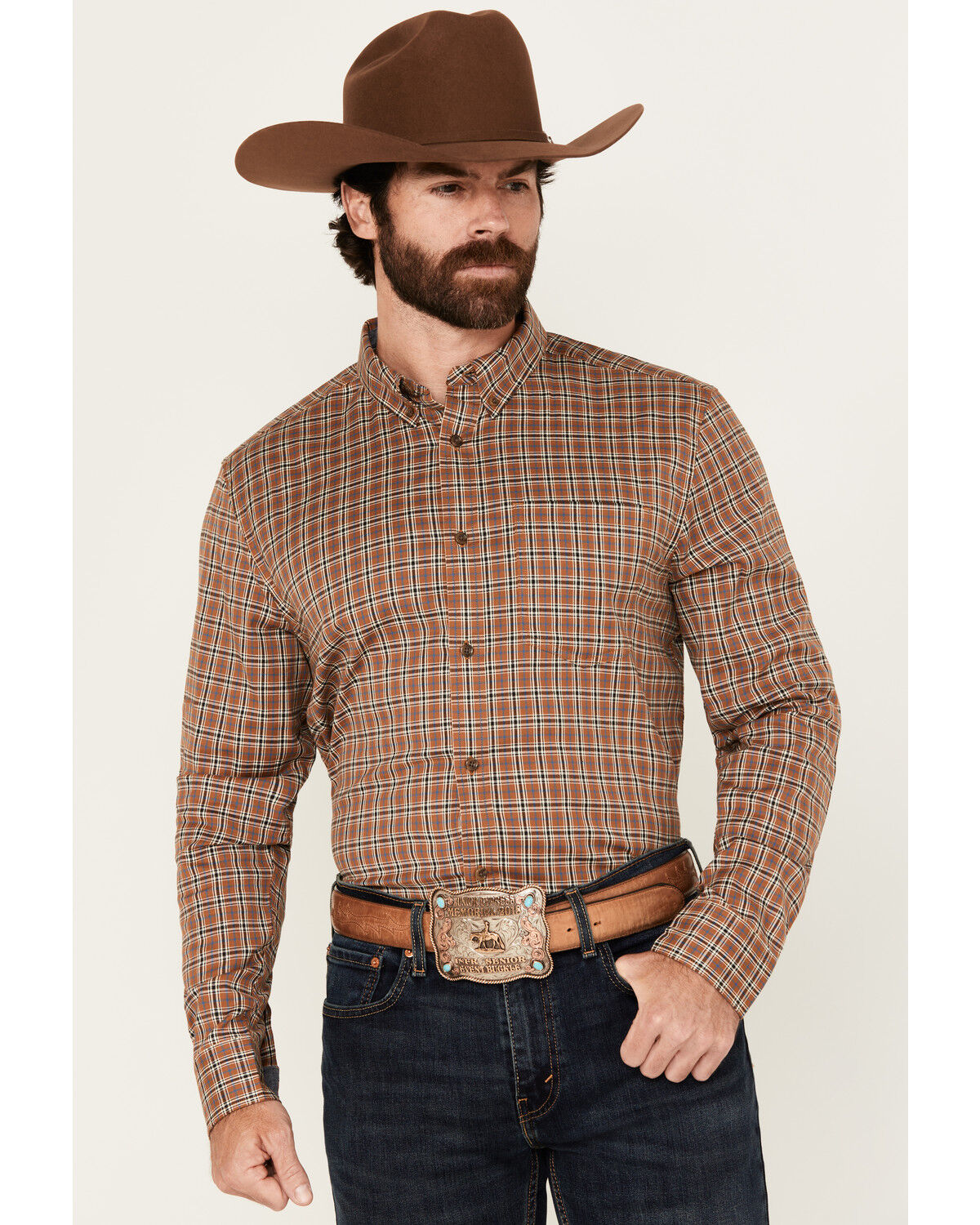 Image #1 - Cody James Men's Adkins Plaid Print Long Sleeve Button-Down Stretch Western Shirt, Tan, hi-res