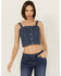 Image #1 - Rock & Roll Denim Women's Dark Wash Pinstripe Denim Corset Crop Top, Dark Wash, hi-res