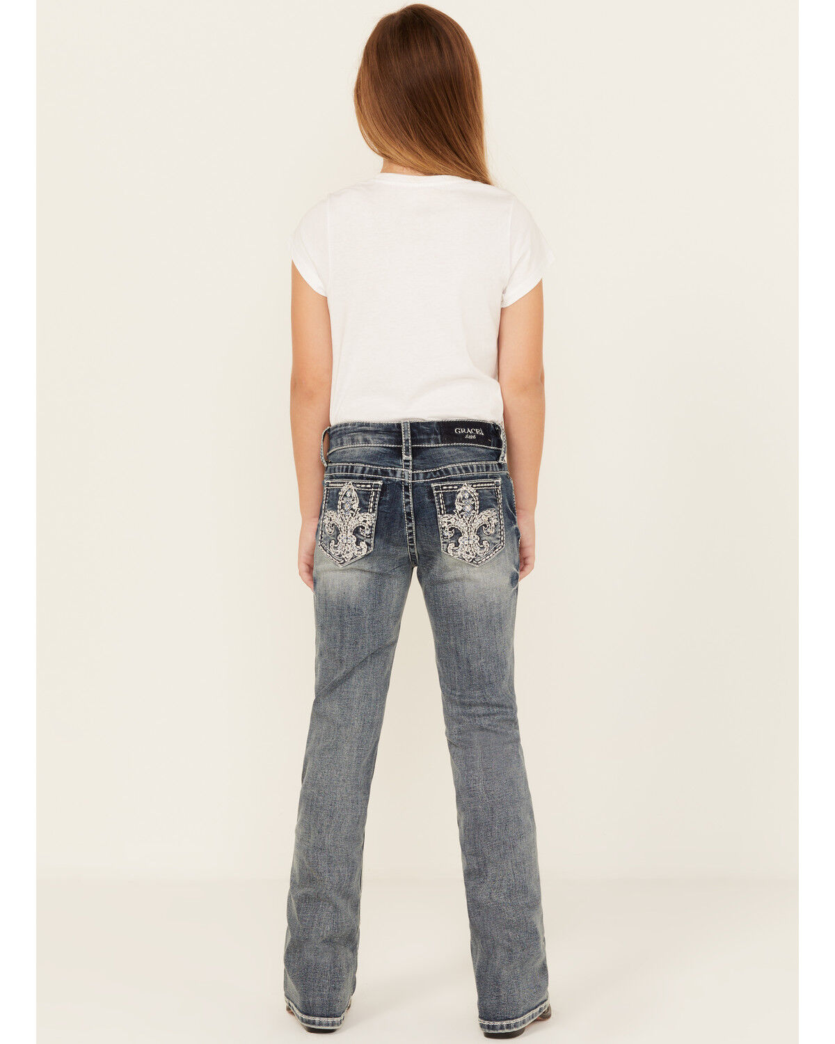 Image #1 - Grace In LA Girls' Dark Wash Fleur De Lis Bootcut Stretch Denim Jeans, Blue, hi-res