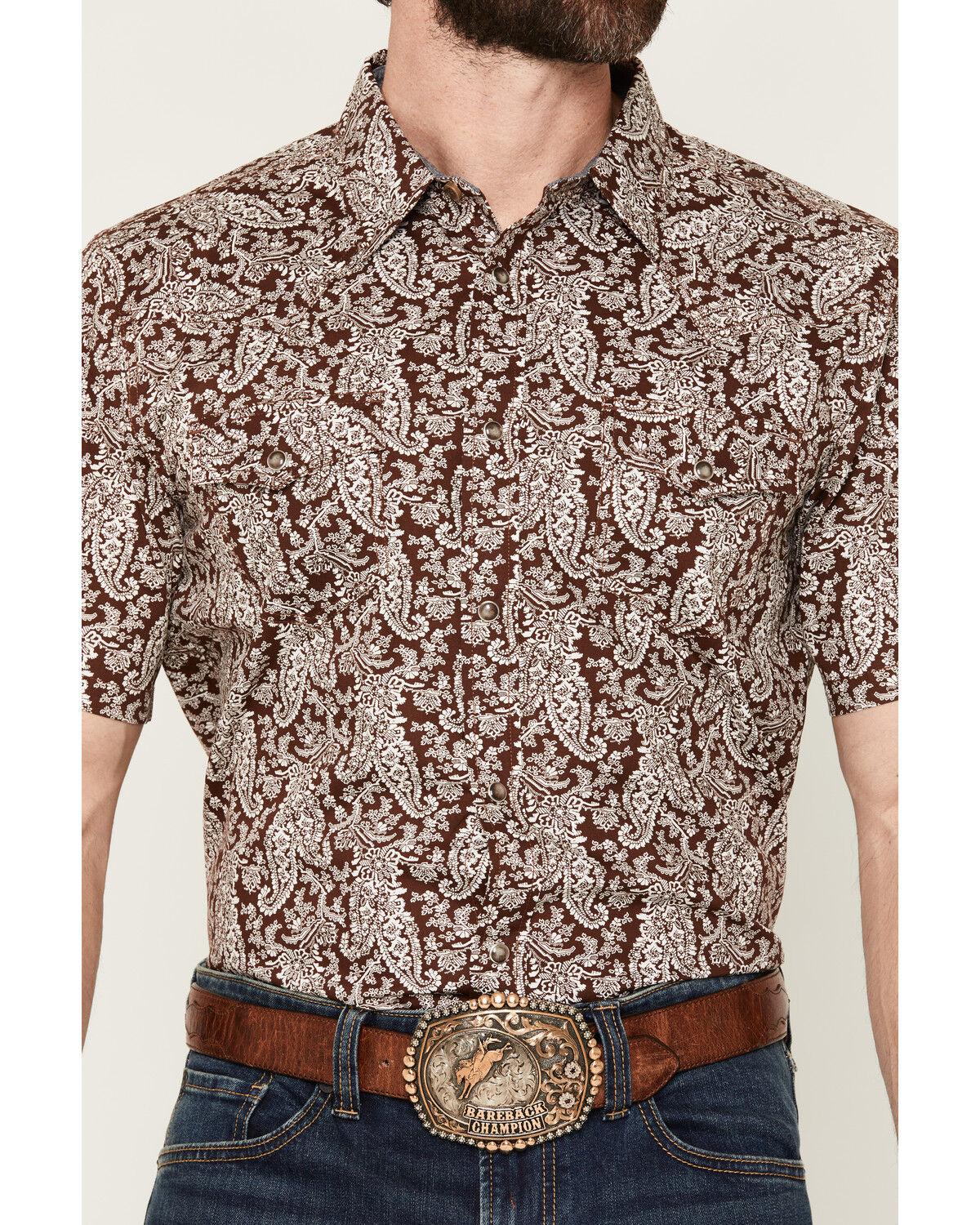 Image #3 - Cody James Men's Rusted Gate Paisley Print Short Sleeve Snap Western Shirt - Tall, Brown, hi-res