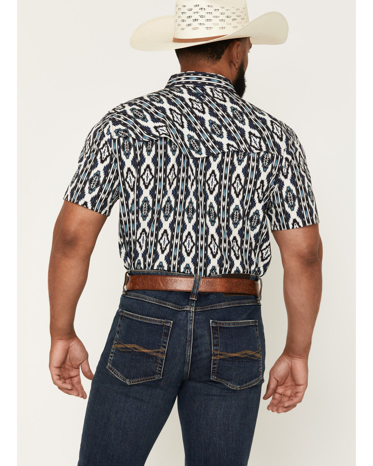 Image #4 - RANK 45&reg; Men's RODEOTEK&trade; 2.0 8 Seconds Southwestern Print Short Sleeve Snap Stretch Performance Shirt, Blue, hi-res