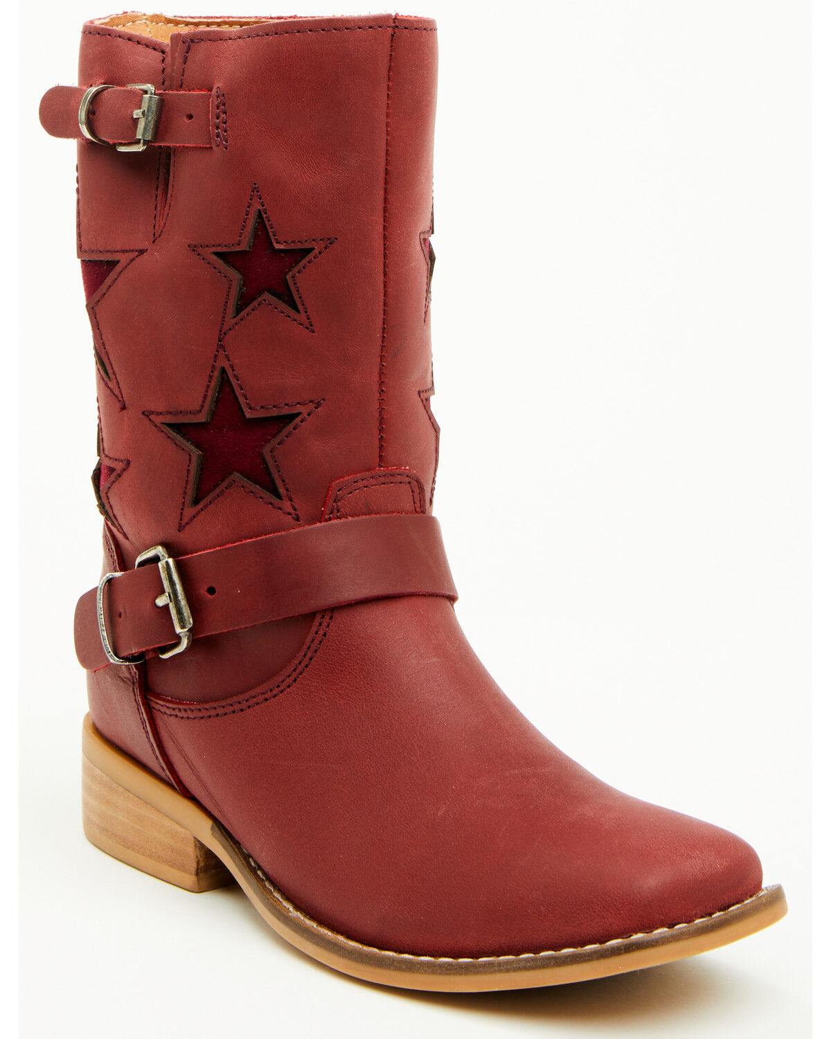 Image #1 - Dingo Girls' Blacklist Star Inlay Harness Boots - Square Toe, Wine, hi-res