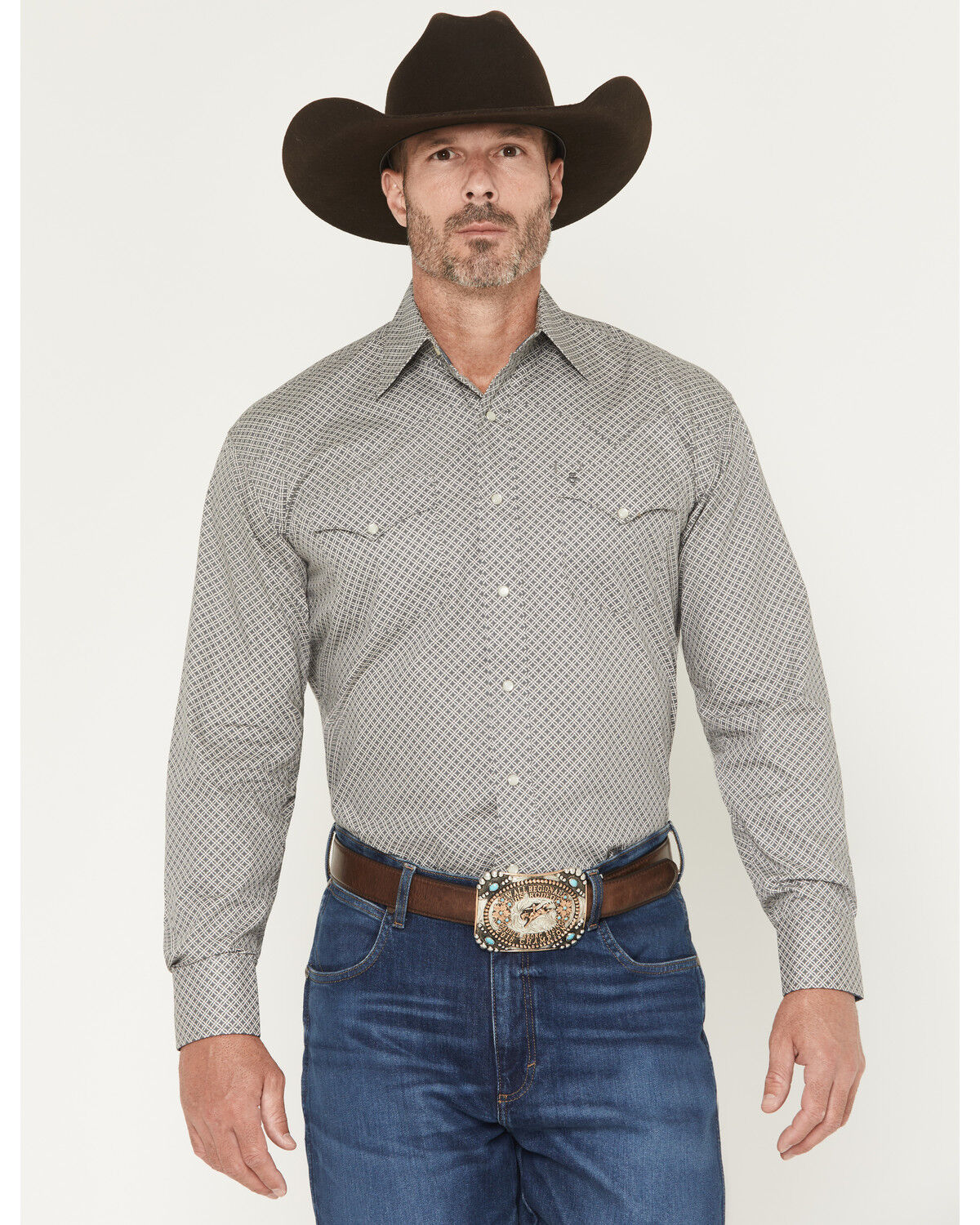 Stetson Men's Geo Print Long Sleeve Pearl Snap Western Shirt, Grey, hi-res