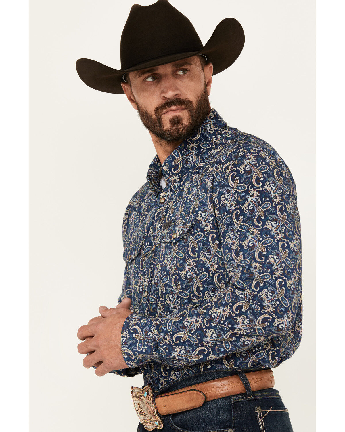 Image #2 - Panhandle Men's Paisley Print Long Sleeve Snap Performance Stretch Western Shirt, Navy, hi-res