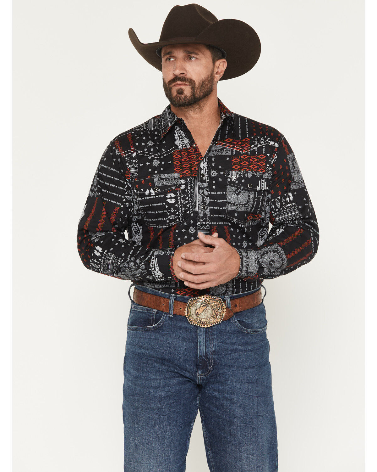 Cowboy Hardware Men's Southwestern Bandana Print Long Sleeve Snap Stretch Western Shirt, Black, hi-res