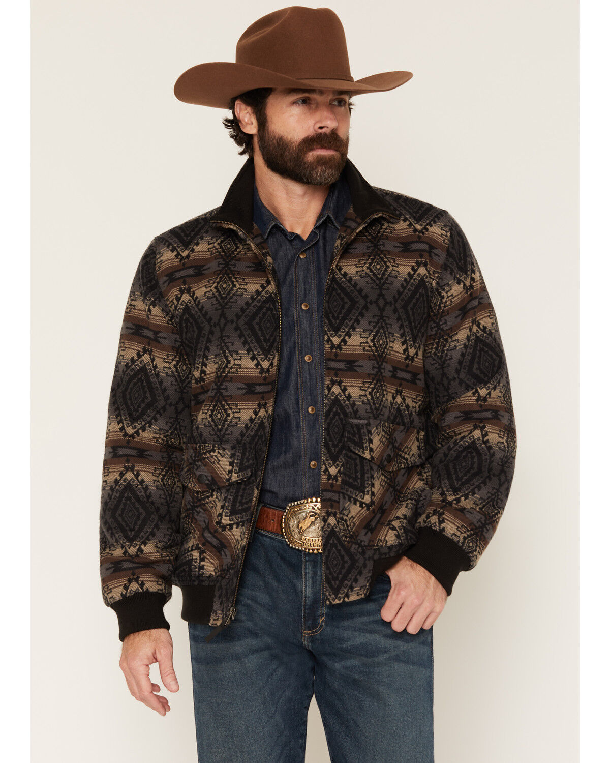 Image #1 - Rock & Roll Denim Men's Southwestern Print Bomber Jacket, Charcoal, hi-res