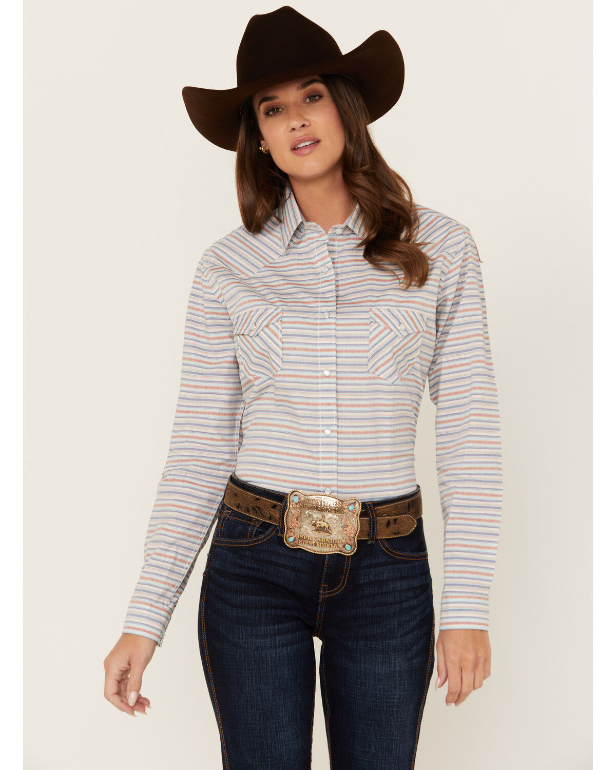 Image #1 - Rough Stock by Panhandle Women's Striped Long Sleeve Pearl Snap Western Shirt, Multi, hi-res
