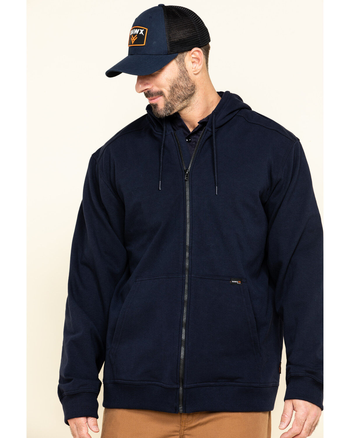 Image #1 - Hawx Men's FR Zip Up Fleece Hooded Work Hoodie, Navy, hi-res