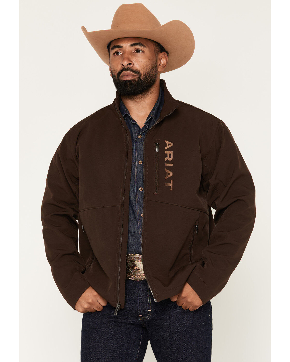 Image #1 - Ariat Men's Chest Logo Softshell Jacket - Tall, Chocolate, hi-res