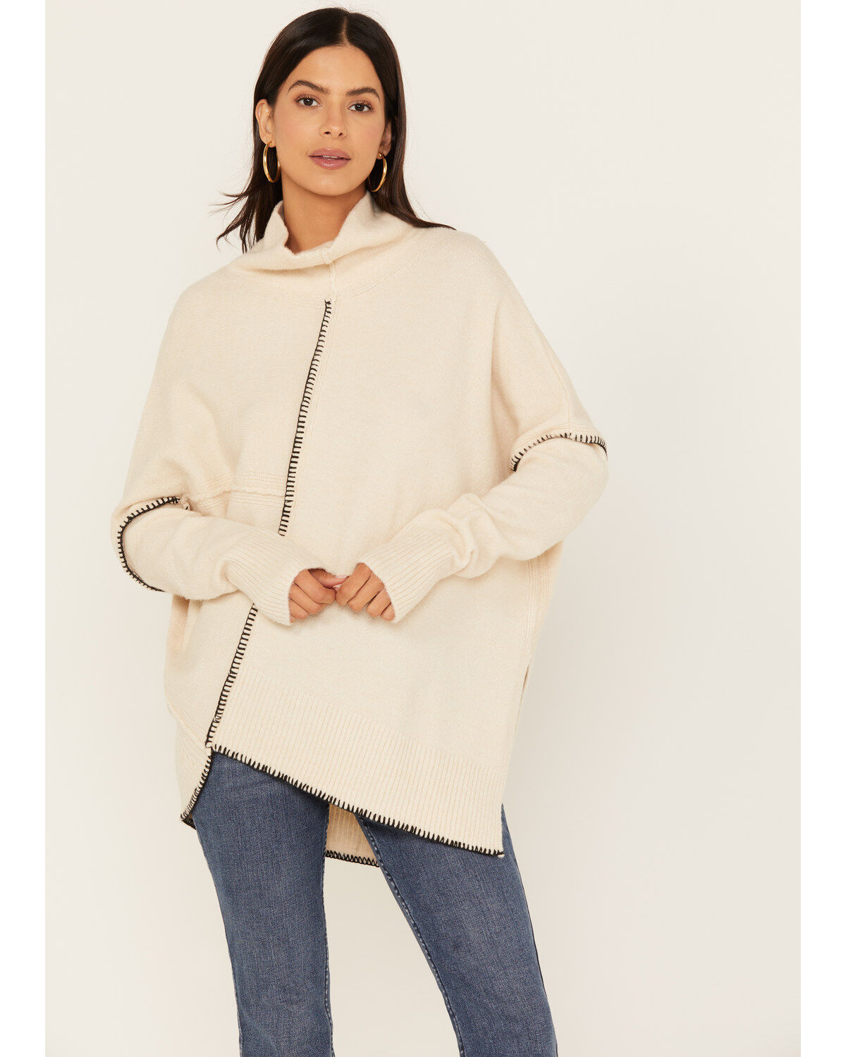 Revel Women's Asymmetrical Contrast Stitch Turtleneck Sweater, Cream, hi-res