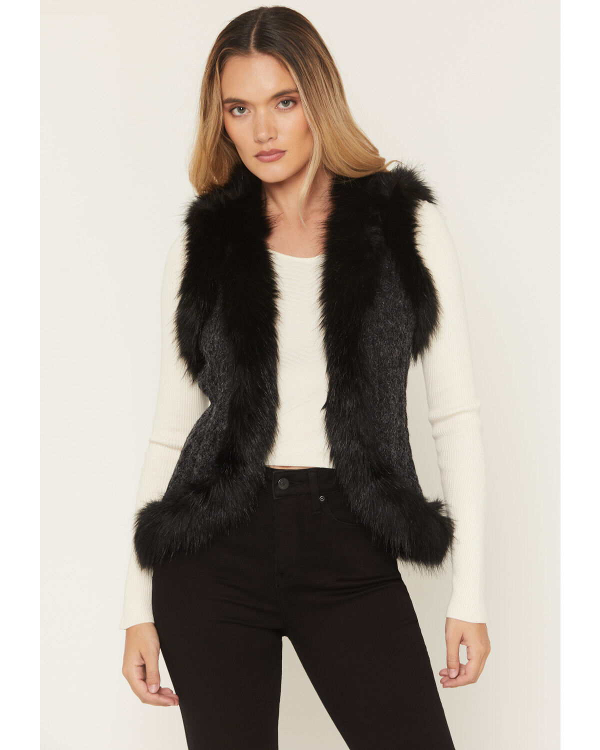 Shyanne Women's Cable Knit Vest, Black, hi-res