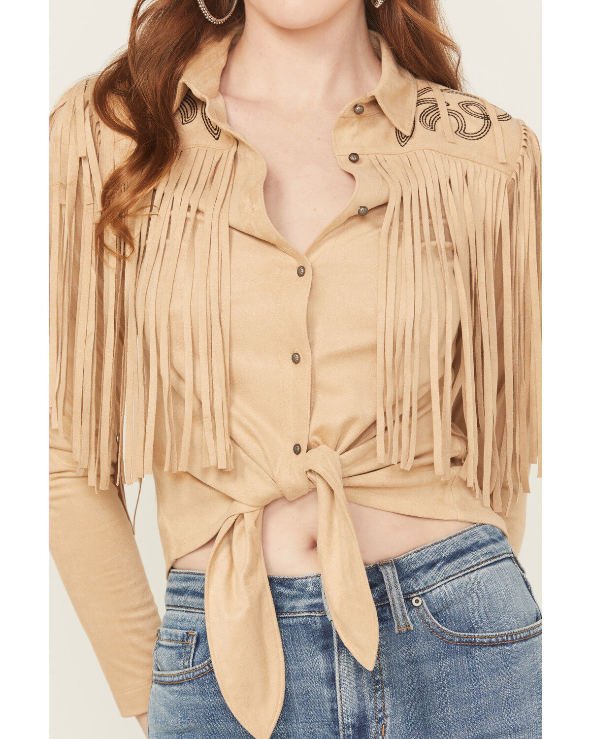 Image #3 - Idyllwind Women's McKinney Faux Suede Long Sleeve Fringe Top, Khaki, hi-res