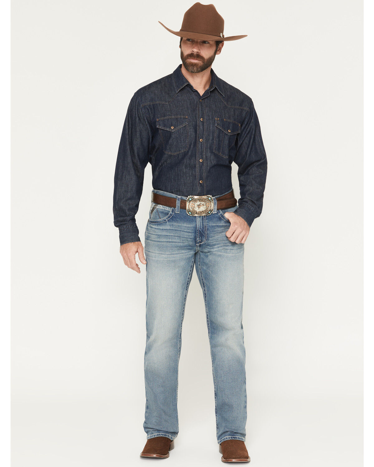 Ariat Men's M4 Shasta Light Wash Relaxed Bootcut Stretch Denim Jeans, Light Wash, hi-res